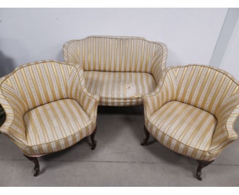 19th Century two seater settee,  With striped gold coloured floral patterned upholstery, together with two matching tub chair