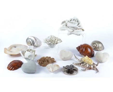 A collection of shells,  some carved wooden and painted examples, together with a shell dish, four models of hearts and four 