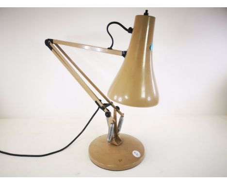 Anglepoise Model 90 adjustable table lamp, finished in light brown, raised on a circular base, with push button switch to the