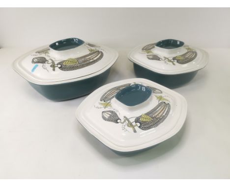A graduated set of mid 20th century Poole lidded tureens in a stylised squash on the vine pattern,  diameter of the largest 3