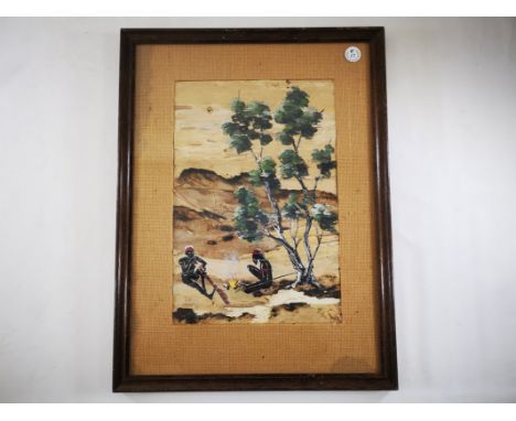 Aboriginal oil on fine bark, mounted on panel, depicting two figures around a fire and playing instruments in a desert landsc