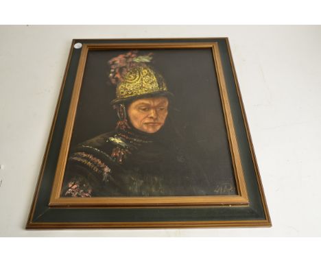 Oil on Canvas The Man With The Golden Helmet,  a framed 1960s oil on canvas depicting an 18th century portrait from the circl