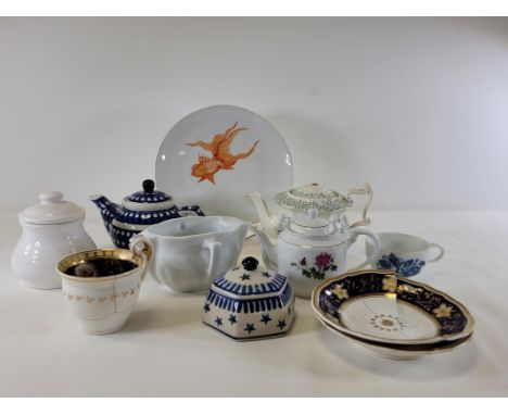 An assortment of predominantly 19th Century ceramics to include a German Meissen porcelain cup with underglaze blue floral sp