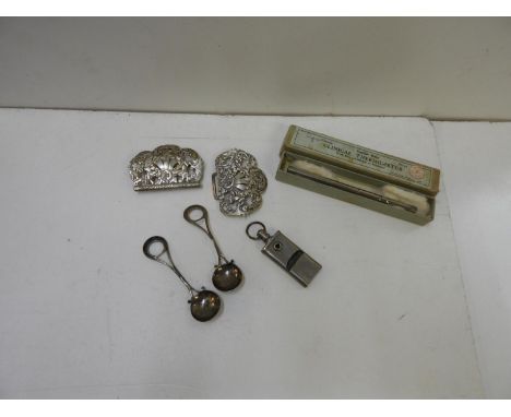 White Metal Nurses Belt Buckle, Whistle, Vintage Clinical Thermometer etc 
