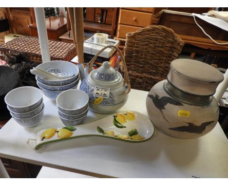 Chinese Tea Set and unusual White Metal Painted Tea Caddy 