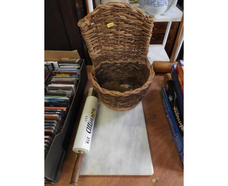 Marble Chopping Board and Rolling Pin and Wicker Planter 