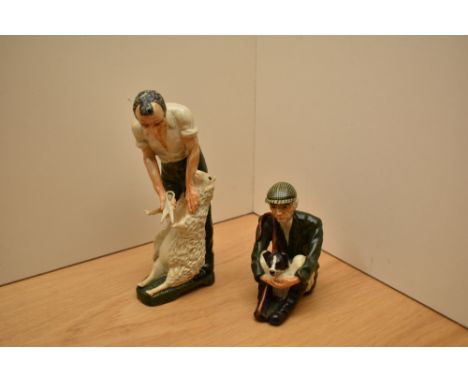 Two SHEBEG Isle of Man pottery figures comprising 'The Shearer' by D Thomson and a sitting shepherd with collie dog.