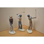 A group of three Casades golfing figures, all in different stances. Measuring 25cm tall.