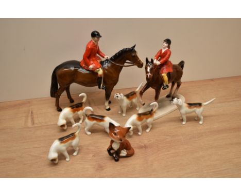 A Beswick Pottery Huntsman number 1501 in brown gloss designed by Arthur Gredington and a Katzhutte girl on pony (chips to pa