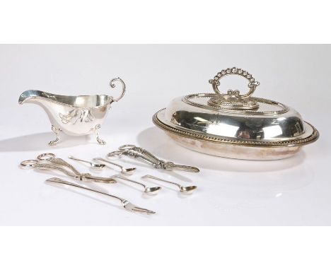 Oval silver plated entree dish and cover, with beaded rim, the body engraved WC, plated sauceboat, pickle fork, two pairs of 