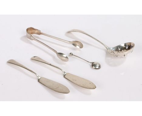 Silver flatware, various dates and makers, to include sifter spoon, pair of sugar tongs, pair of butter knives, salt spoon, 2