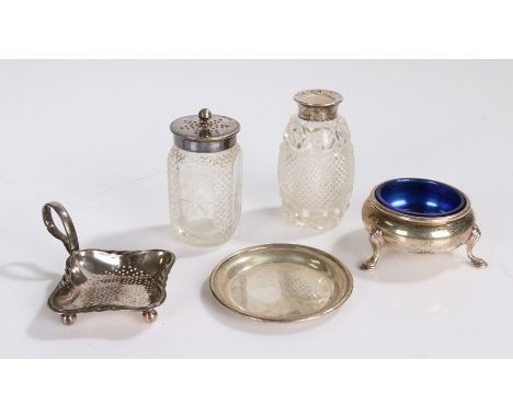 Silver and plated wares, to include small pin dish, sterling salt with blue glass liner WMF tea strainer, condiment pots, wei