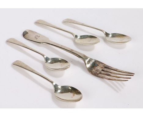 Victorian silver dessert fork, four silver teaspoons, various dates and makers, 3.3oz (5)