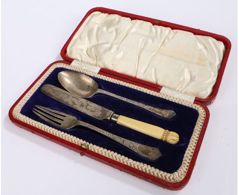 Edward VII Silver Christening set, Sheffield, 1902, maker Coopers Brothers &amp; Sons Ltd, consisting of knife with ivory han