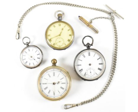 Four pocket watches and a white tone metal Albert chain. The lot to include a Victorian hallmarked silver pocket watch with e