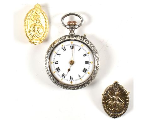 A hallmarked silver pocket watch and two hallmarked silver badges. The lot to include a hallmarked silver pocket watch with y