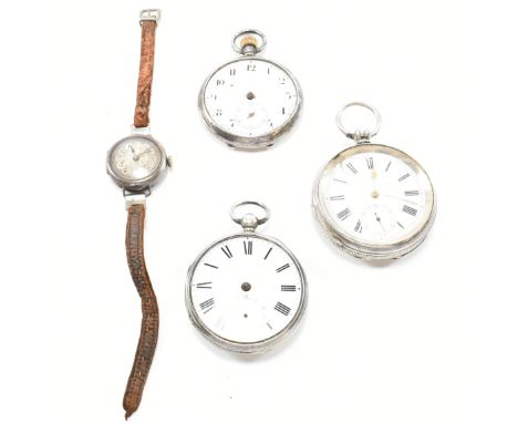 Three hallmarked silver pocket watches AF and a silver wristwatch. The lot to include a Victorian hallmarked silver pocket wa