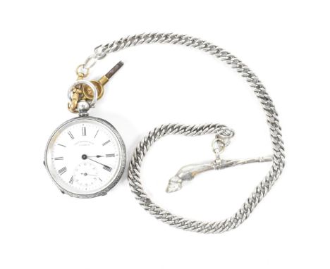 A hallmarked silver pocket watch on a silver chain. The silver pocket watch signed Thos Russell &amp; Son Liverpool having a 