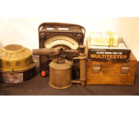 Two vintage volt meters, paraffin heater and a blow lamp. This lot is not available for in-house P&amp;P. 