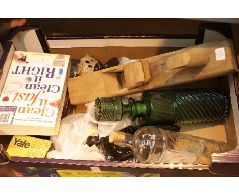 Box of mixed items including DVDs, glass bottles, tools etc. This lot is not available for in-house P&amp;P. 