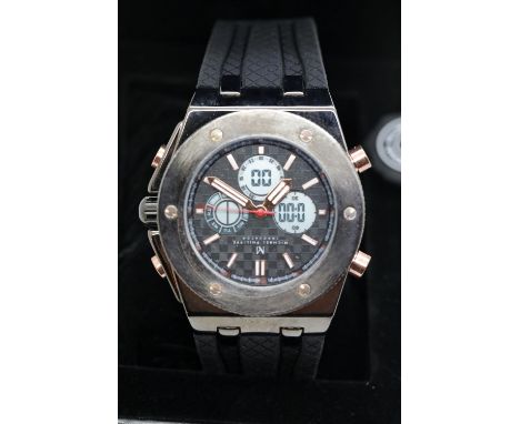 New boxed Michael Philippe multi dial steel wristwatch on a rubber strap. P&amp;P Group 1 (£14+VAT for the first lot and £1+V