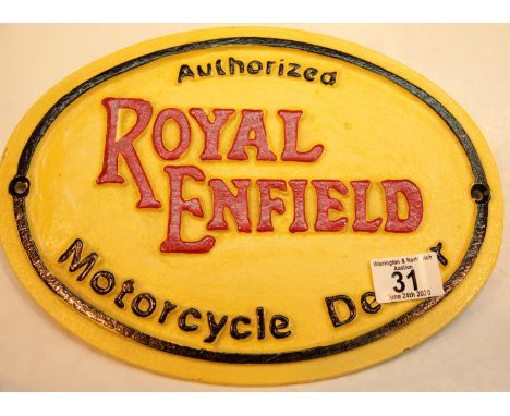 Cast iron Royal Enfield wall sign, L: 29 cm. P&amp;P Group 2 (£18+VAT for the first lot and £2+VAT for subsequent lots) 