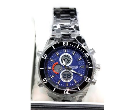 New boxed Barkers of Kensington blue multi faced steel wristwatch on a black strap. P&amp;P Group 1 (£14+VAT for the first lo
