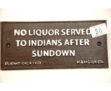 Cast iron No Liquor Served sign, 24 x 11 cm. P&amp;P Group 2 (£18+VAT for the first lot and £2+VAT for subsequent lots) 