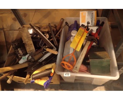 Two boxes of assorted garage items to include tools. This lot is not available for in-house P&amp;P. 