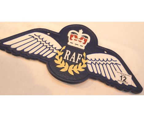 Large cast iron RAF sign, L: 34 cm. P&amp;P Group 2 (£18+VAT for the first lot and £2+VAT for subsequent lots) 