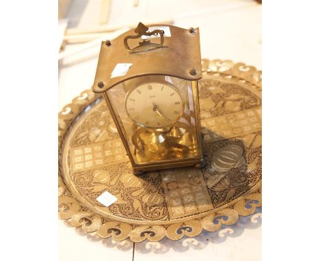 Anglo indian brass tray and a Schatz glass and brass clock. This lot is not available for in-house P&amp;P. 