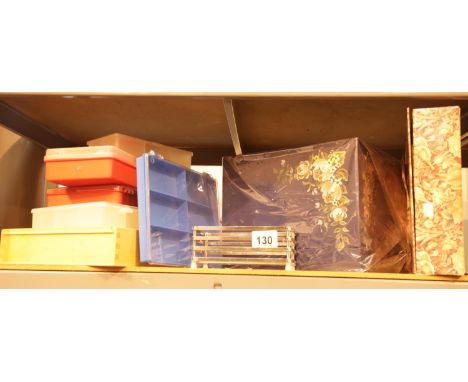 Shelf of wooden and other storage boxes. This lot is not available for in-house P&amp;P. 