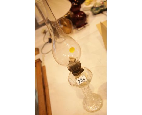 Antique glass oil lamp, H: 53 cm, including chimney. This lot is not available for in-house P&amp;P. 
