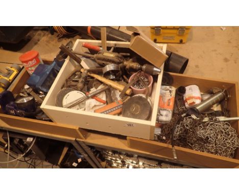 Three boxes of mixed workshop tools including chains. This lot is not available for in-house P&amp;P. 