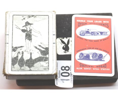 Boxed set of Playboy type playing cards and a vintage set of playing cards with advertising backs. P&amp;P Group 1 (£14+VAT f
