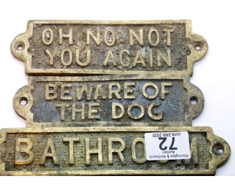 Three solid brass wall plaques. P&amp;P Group 1 (£14+VAT for the first lot and £1+VAT for subsequent lots) 