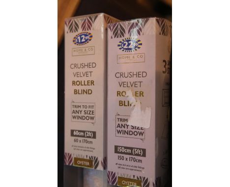 Two oyster coloured crushed velvet roller blinds, 150 x 170 and 170 x 60 cm, trim to fit. This lot is not available for in-ho