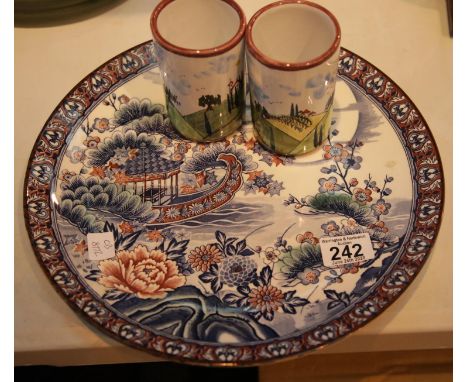 Large Oriental type charger and two decorative ceramic tumblers. This lot is not available for in-house P&amp;P. 