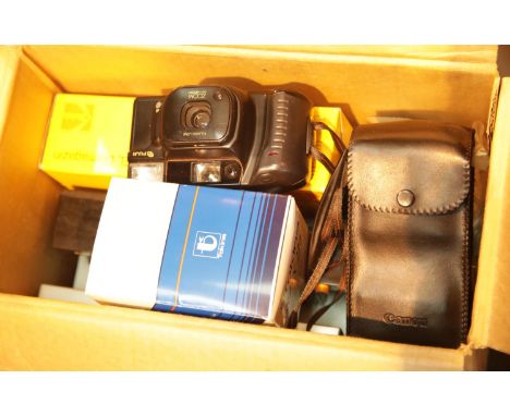 Three mixed film cameras and a Prinz slide projector. This lot is not available for in-house P&amp;P. 