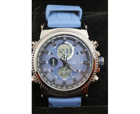 New boxed Michael Philippe blue faced multi dial steel wristwatch on a rubber strap. P&amp;P Group 1 (£14+VAT for the first l