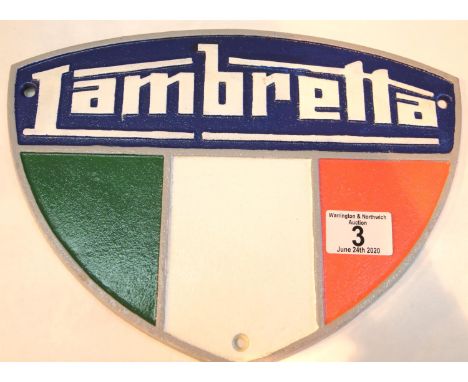 Cast iron Lambretta sign, W: 28 cm. P&amp;P Group 2 (£18+VAT for the first lot and £2+VAT for subsequent lots) 