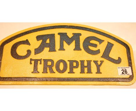 Large cast iron Camel Trophy sign, L: 40 cm. P&amp;P Group 2 (£18+VAT for the first lot and £2+VAT for subsequent lots) 