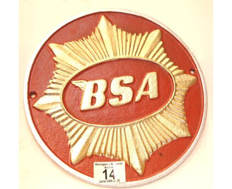 Cast iron BSA sign, D: 24 cm. P&amp;P Group 2 (£18+VAT for the first lot and £2+VAT for subsequent lots) 
