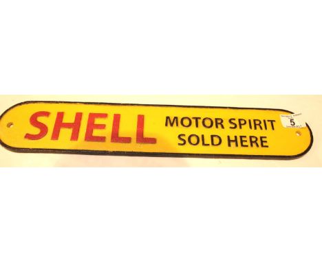 Cast iron Shell Motor Spirit sign, L: 50 cm. P&amp;P Group 2 (£18+VAT for the first lot and £2+VAT for subsequent lots) 