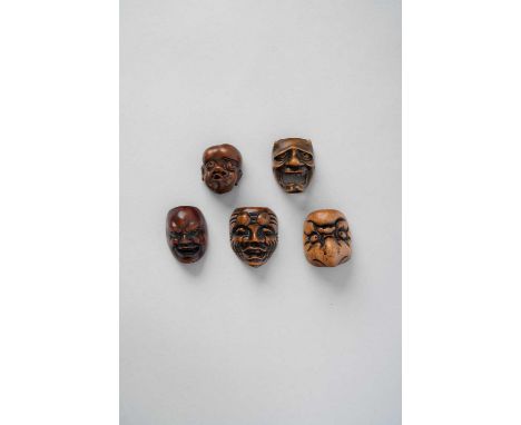 NO RESERVEFIVE JAPANESE WOOD MASK NETSUKE EDO/MEIJI, 19TH CENTURY  The first depicting Okina, the second Usofuki, the third a