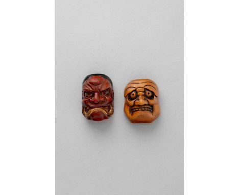 NO RESERVETWO JAPANESE WOOD MASK NETSUKE EDO/MEIJI, 19TH CENTURY  One lacquered red and black with gilt eyes and jaws, depict