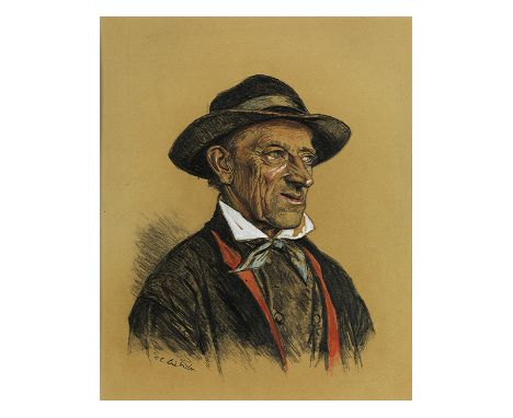    Curt Liebich, 1868 Wesel "" 1937 Gutach PORTRAIT EINES BAUERN Kolorierte Zeichnung mit Kohle und Bleistift, teils weiß geh