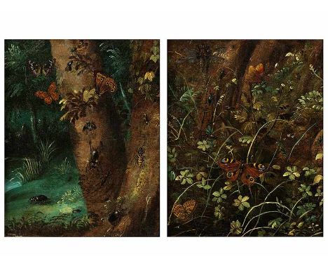      Otto Marseus van Schrieck, 1619 Nijmegen "" 1678 Amsterdam Gemäldepaar BAUMSTAMM MIT SCHMETTERLINGEN und WALDBODENSTILLL