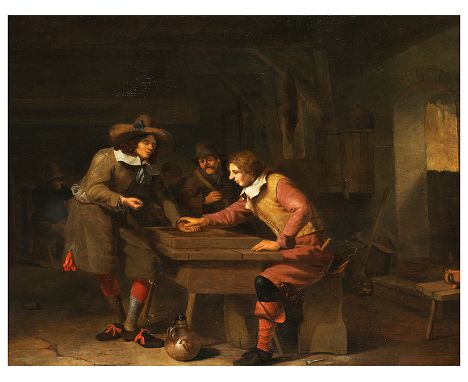    Johannes Natus, tätig 1658 "" 1662 TRIC-TRAC SPIELENDE SOLDATEN IN EINER SCHEUNE Öl auf Holz. 43 x 53 cm. Rechts unten auf