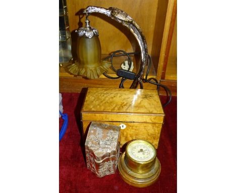 A 19th century burr wood two-division tea caddy, 22cm wide, 13.5cm high, a plated metal table lamp in the form of a bird, wit